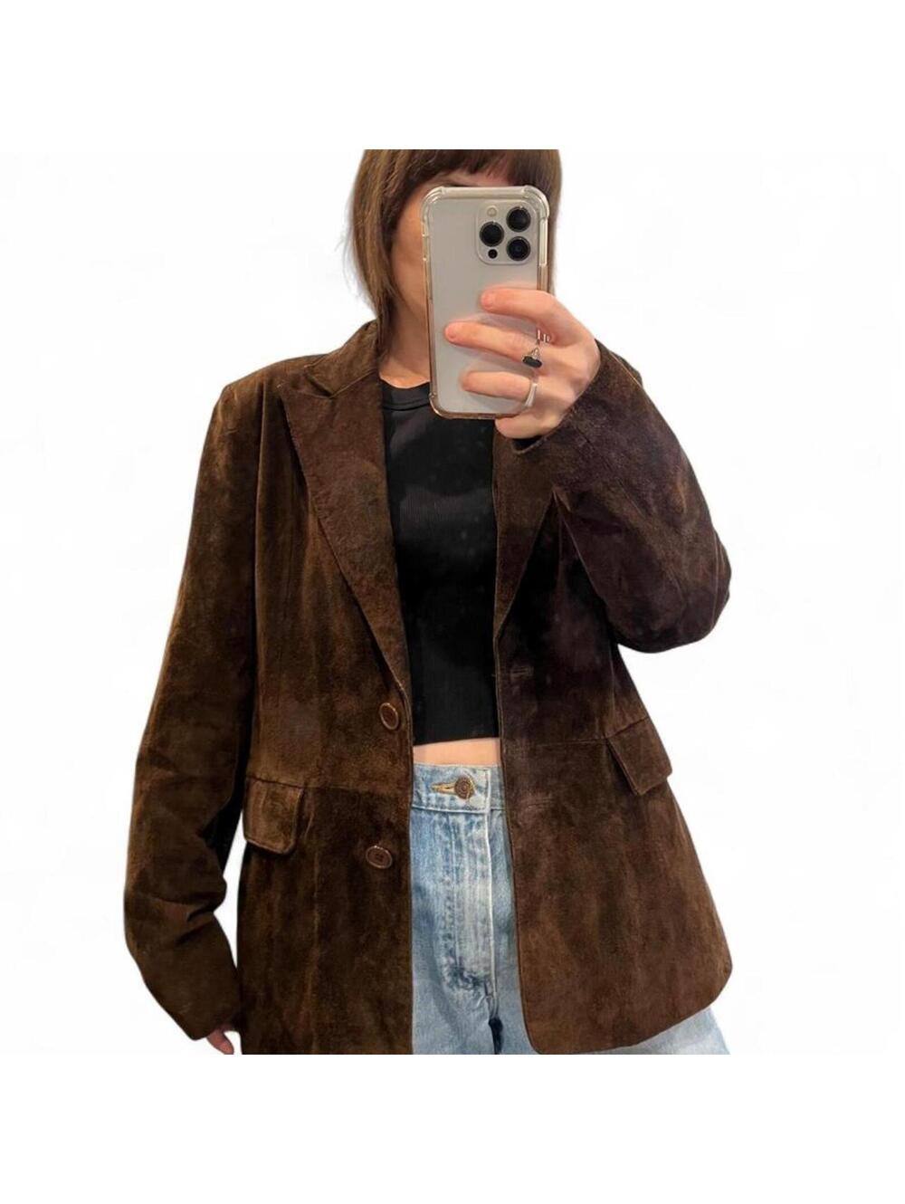 Vintage Brown Suede Leather Blazer Jacket 90s Minimalist Boho